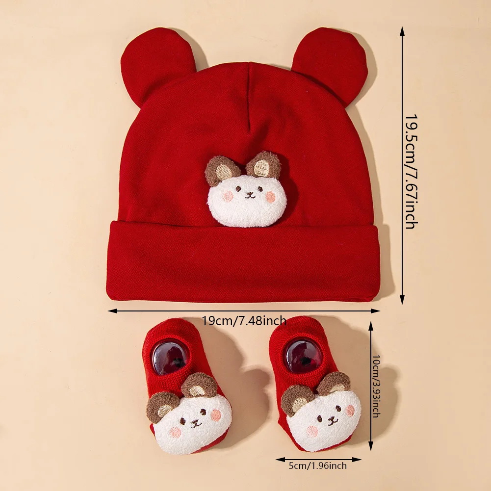 2개 세트 가을 겨울 귀여운 곰돌이  터번 모자 & 니트 짧은 양말 스타킹  용 모자 비니 아동용 0-12개월 H