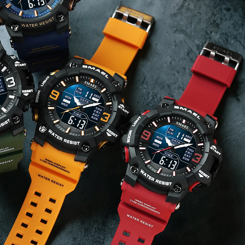 SAMEL Uhr für Männer Orange Dual Zeit Display Sport Armbanduhr Stoppuhr Alarm Armee Military LED Digitale Zurück Licht Männlichen Uhr
