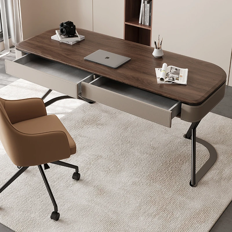 

Nordic Solid Wood Computer Desk Italian Minimalist Living Room Large Long Table Study Saddle Leather Mesa Office Furniture KMOD