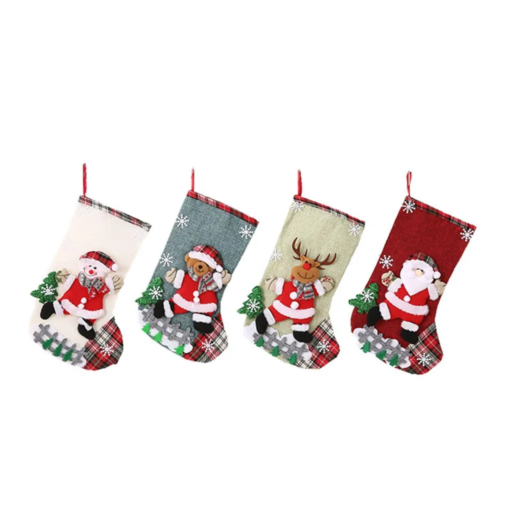 Christmas Stockings Gift Candy Bag Snowman Santa Elk Pattern 4pc for Xmas Tree Hanging Party Home Fireplace