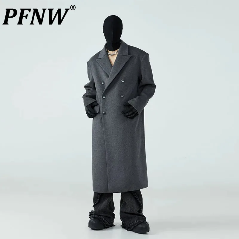

PFNW Men's Tide Punk Double Breasted Cashmere Coat Thicken Autumn Winter New Medium Length Wool Trench Darkwear Fashion 12Z6804