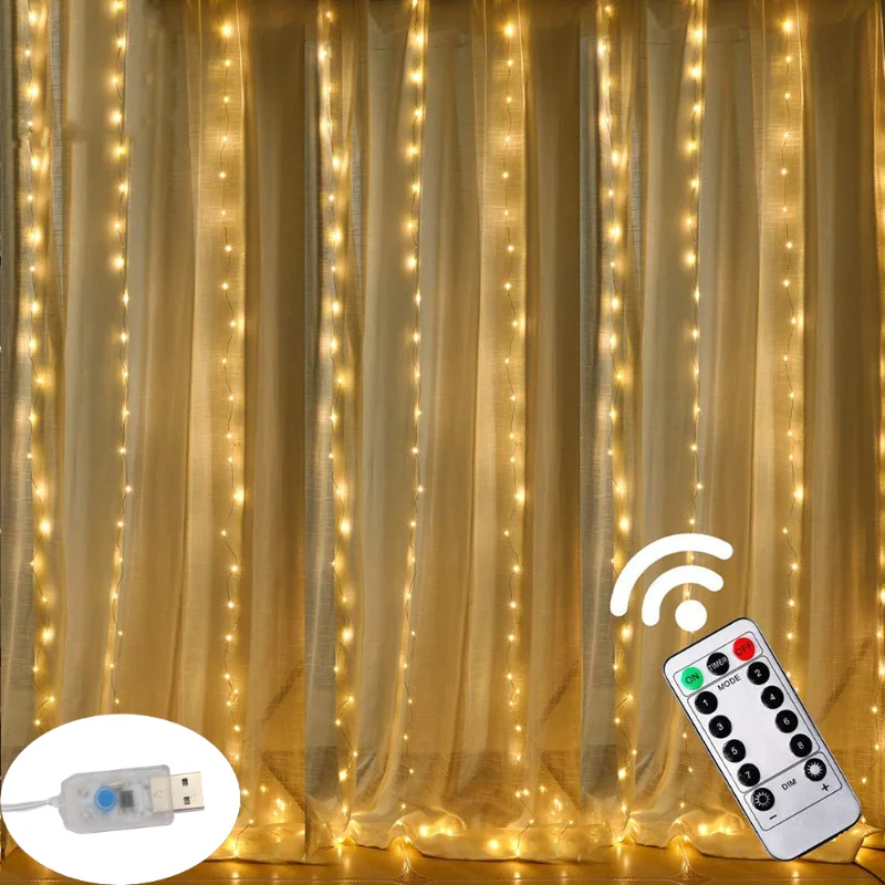 

100/200/300LED Remote Control LED Curtain Lights USB Curtain String Lights +Hanging Hook Fairy Lights Glowing Party Supplies