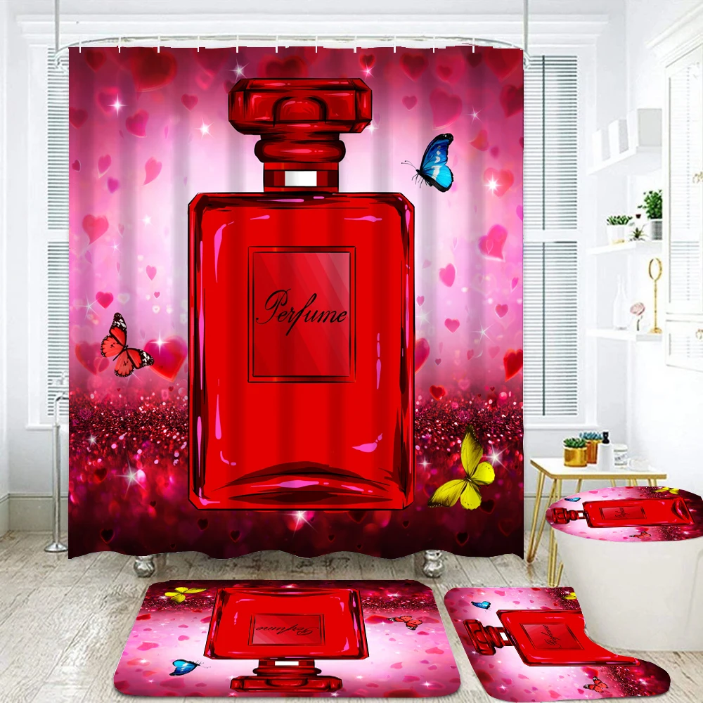 

3D Red Love Romantic Toilet Cover Bath Mat Sets Perfume Butterfly Print Bathroom Curtain Set Waterproof Fabric Shower Curtains