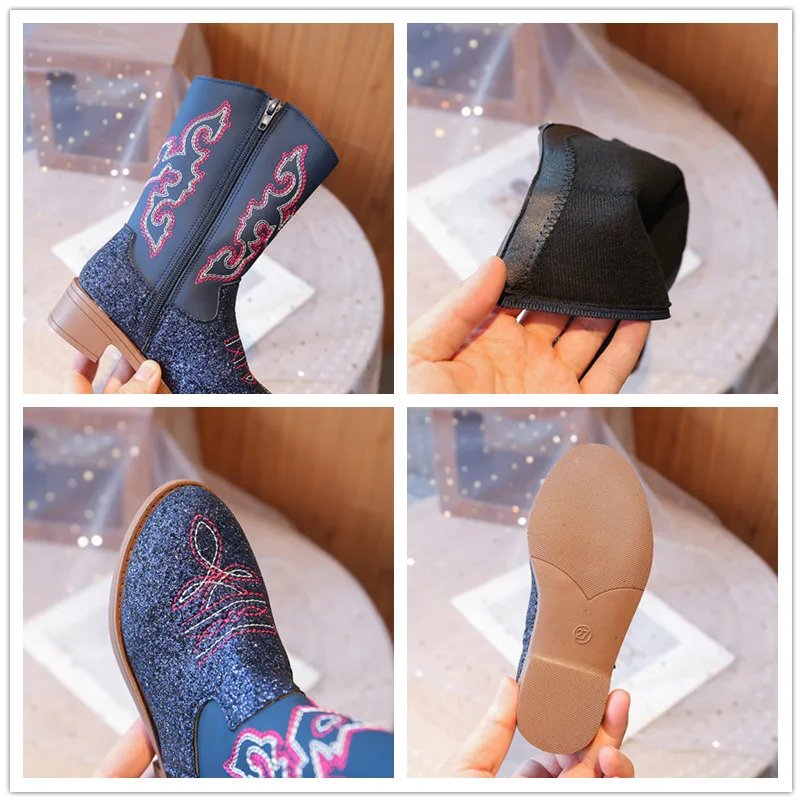 Girls Mid Calf Cowboy Boots with Sparkling Sequins for Winter