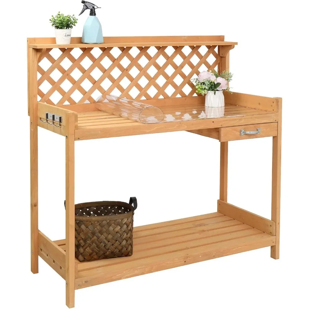 Wood Garden Potting Bench with Storage & Hooks 2