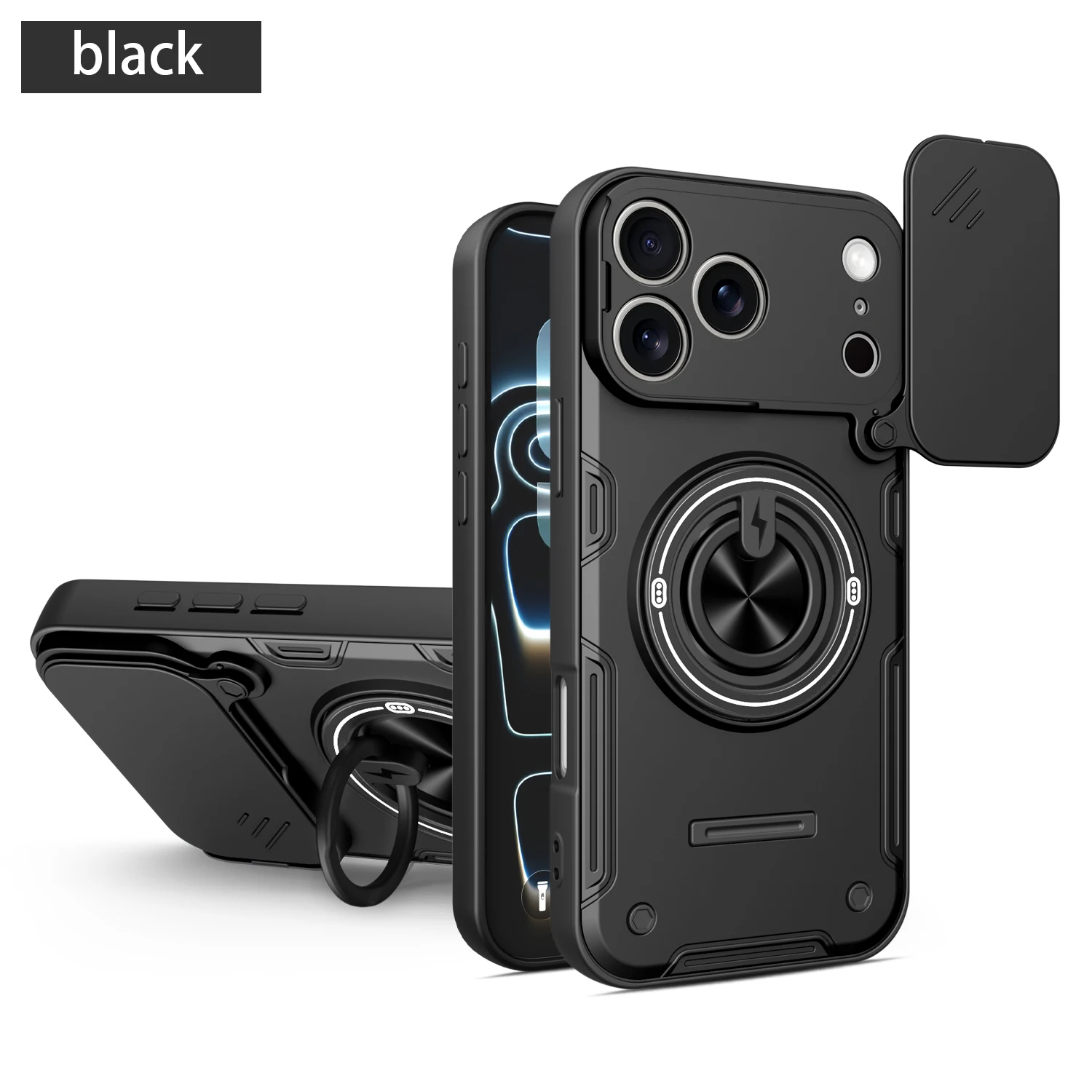 Enhanced Shockproof Phone Case with Sliding Camera Lens Protector and Magnetic Ring Stand