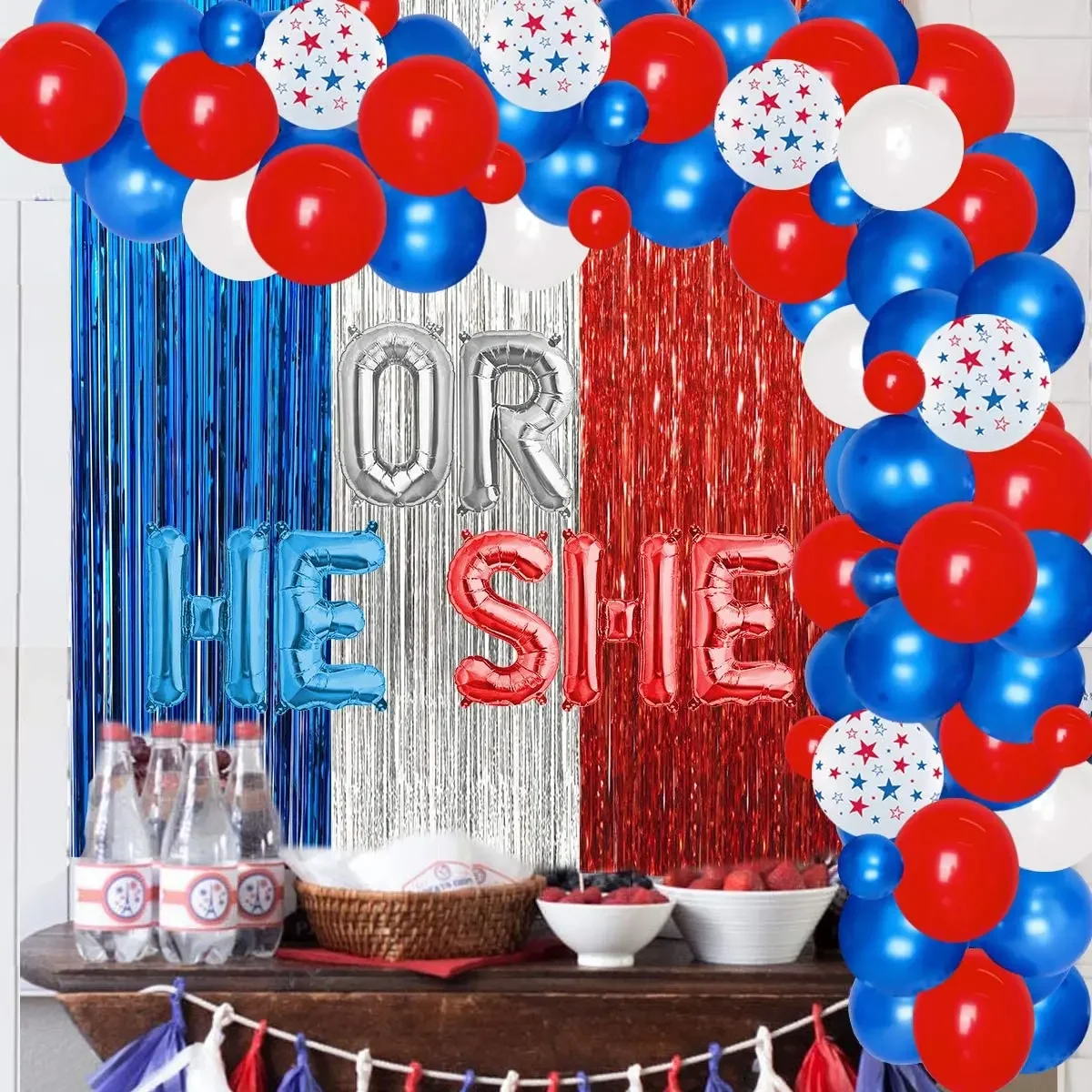 

Gender Reveal Decorations Red and Blue He or She Balloon Garland Arch Kit with Foil Fringe Tinsel Curtain for Baby Shower