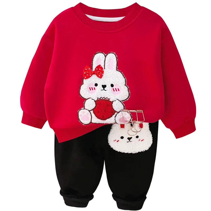 

Baby Girls Clothing Sets 2022 Winter Children Sportswear Kids Warm Plush Sweater Pants Cartoon Rabbit Infant Clothes Outfits