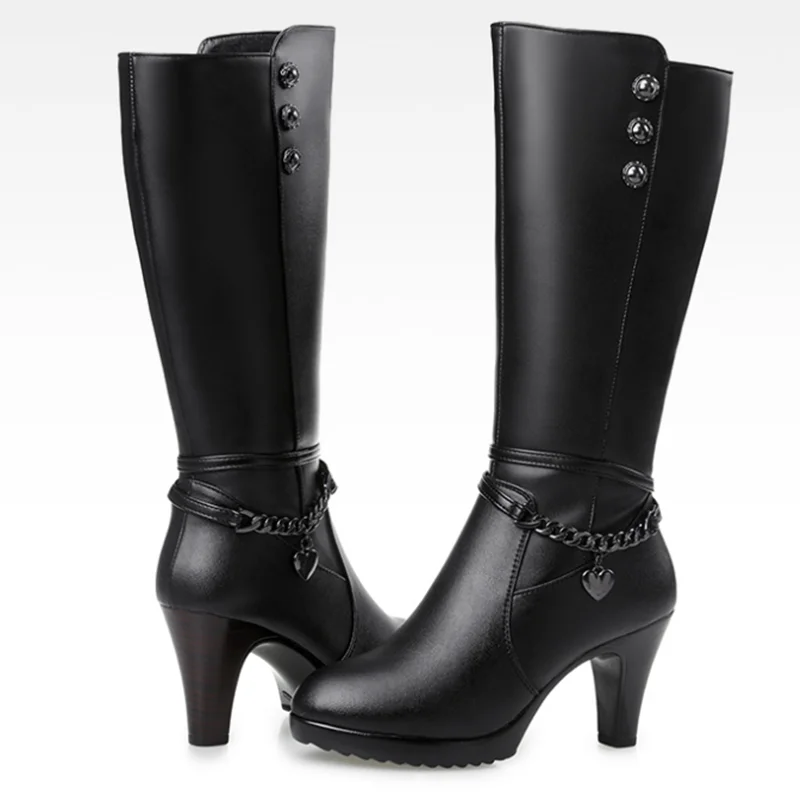 DIMANYU Winter Shoes Boots Woman High-heel Genuine Leather Women Long Boots Thick Wool Warm Dress Riding