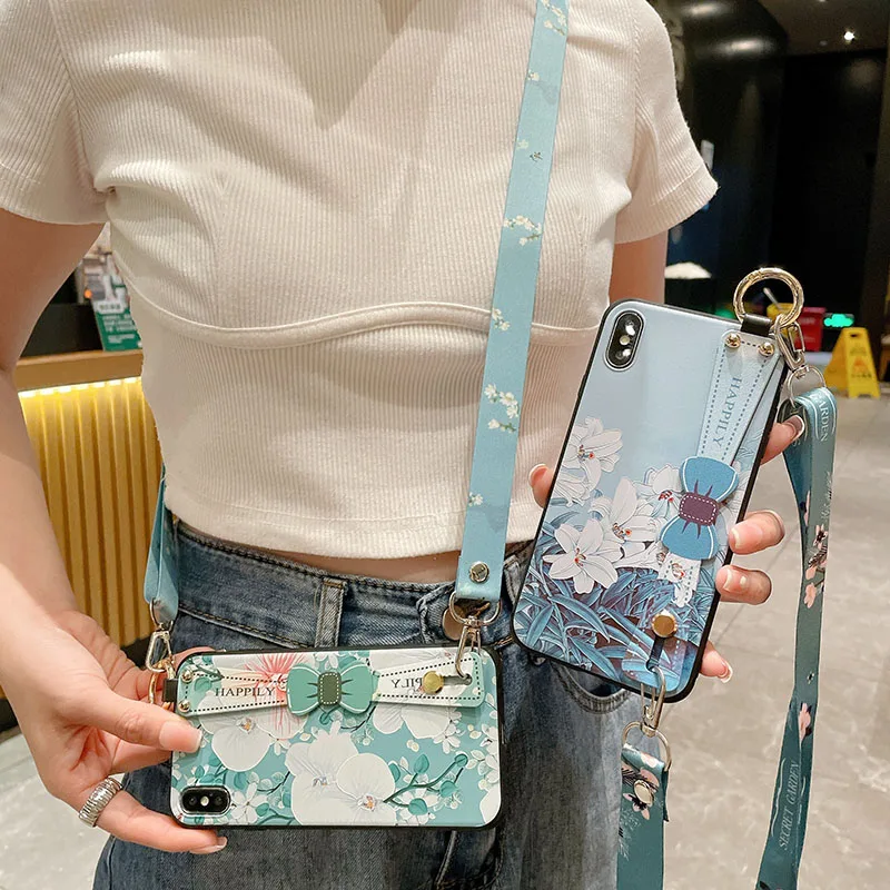 Floral Crossbody Lanyard Phone Case with Bow Design and Adjustable Neck & Wrist Strap