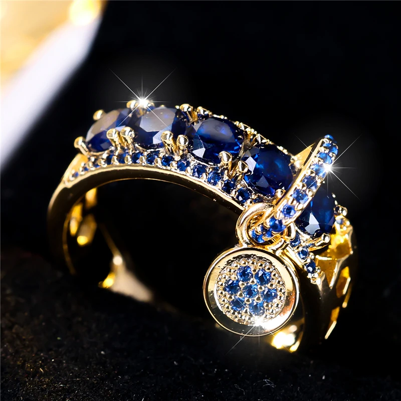 Luxury Female Blue Round Zircon Stone Engagement Ring Yellow Gold Color Wedding Jewelry For Women