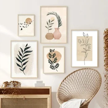 Dipinto su Tela Astratto Boho con Piante Naturali, Uccelli, Sole e Foglie, Quadri Decorativi per Soggiorno e Casa