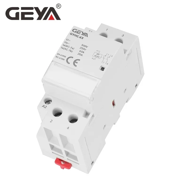 Contator Doméstico Automático GEYA GYHC, Tipo Trilho Din, DC 24V Bobina, 2P, 220V, 63A, 2NO, 2NC, 1NO1NC