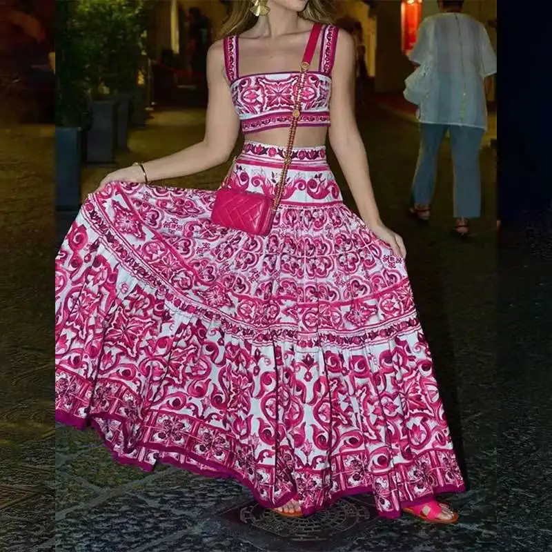 عطلة الصيف الأصفر الأزهار قطعتين النساء تنورة مجمو...