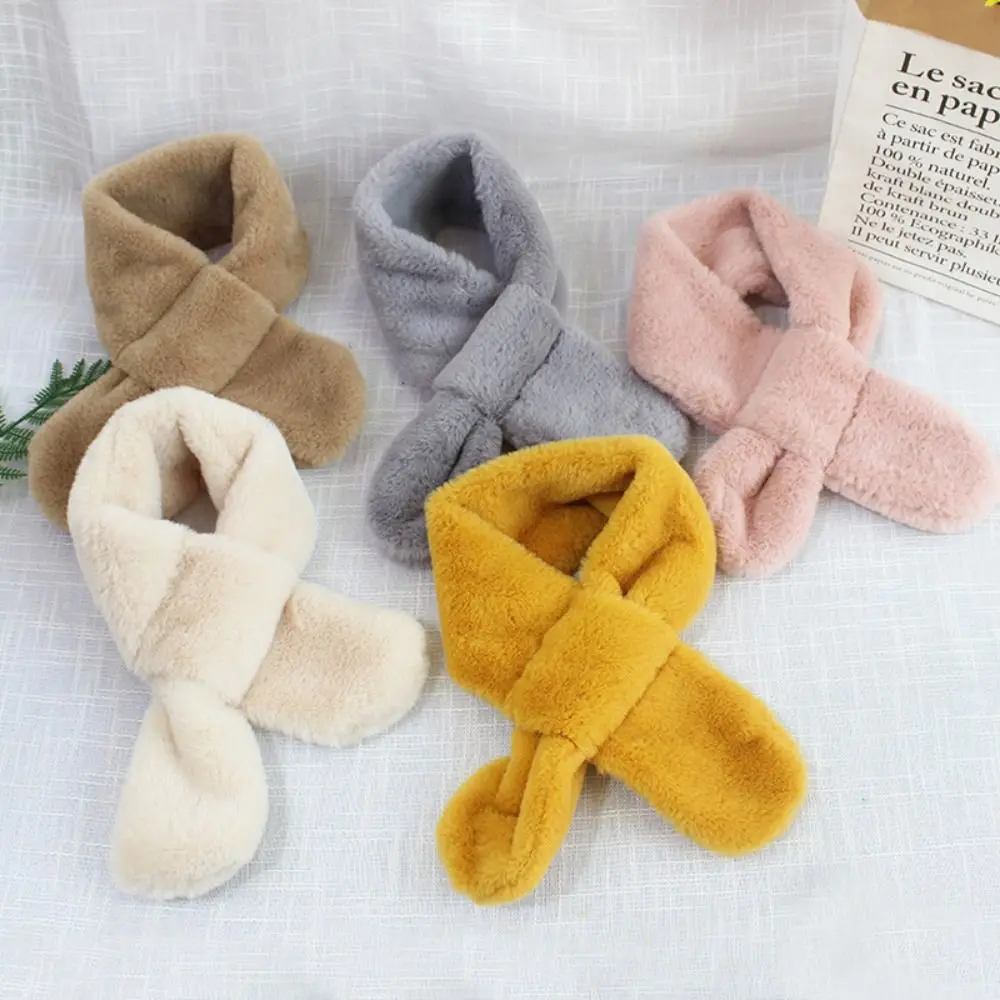 Cute Solid Color Cross Scarf Faux Rabbit Fur Plush Thicken Neck Scarf Neckerchief Wrap Boys