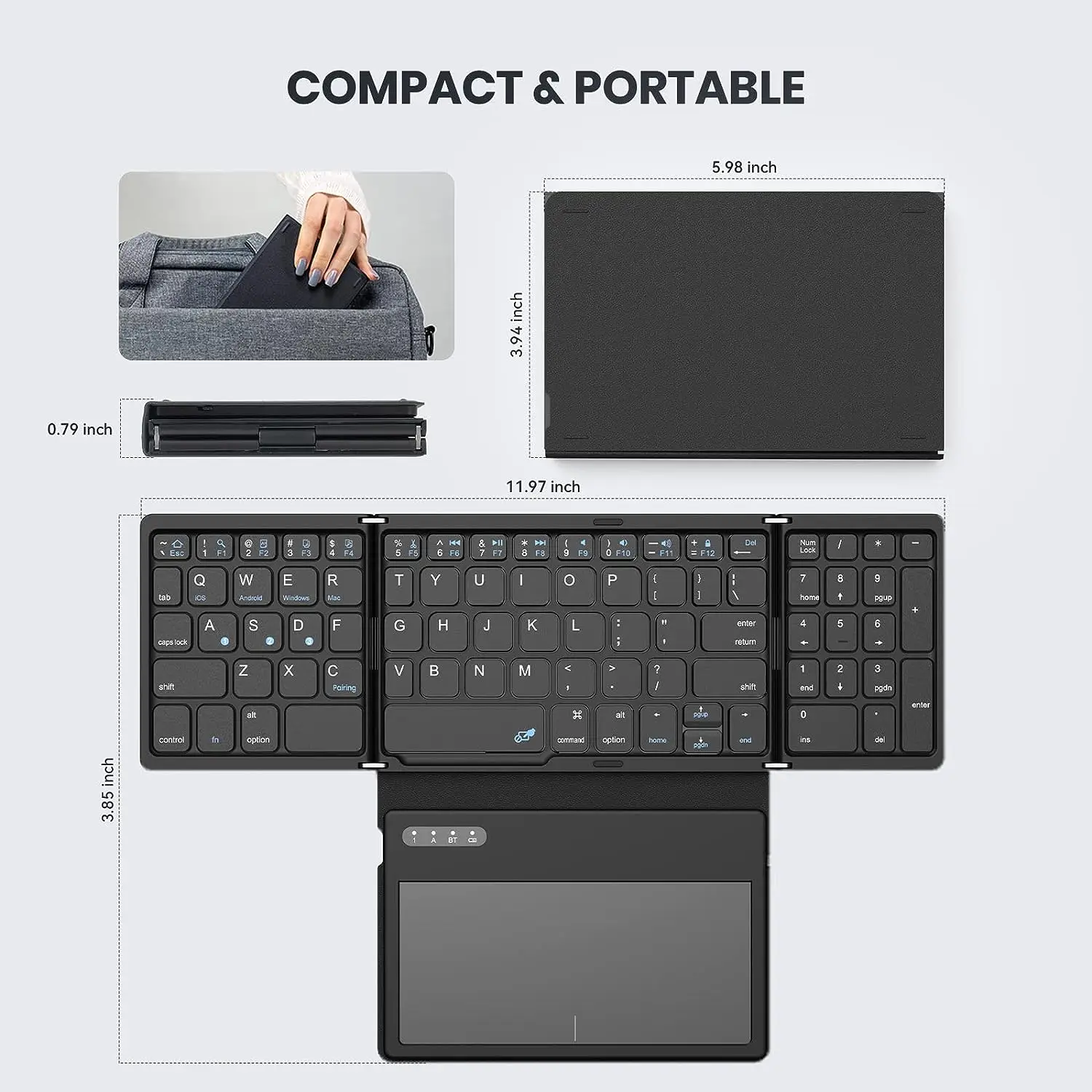 Teclado plegable Portátil con Bluetooth, teclado de viaje inalámbrico de tamaño completo con panel táctil para Windows/iOS/Android