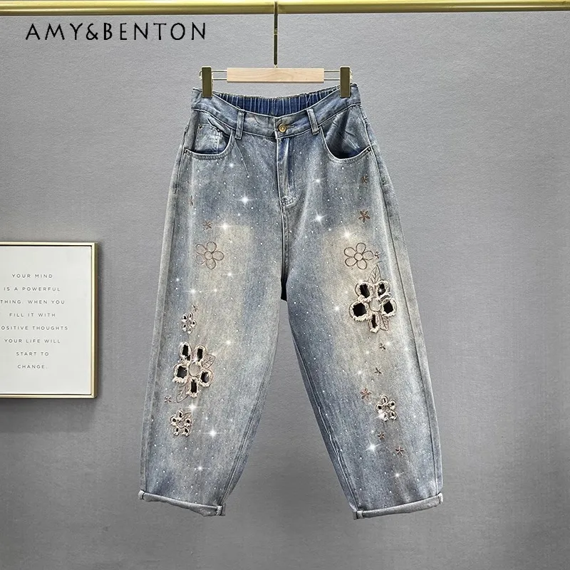 

Ultra-Thin Jeans Women's Trendy 2024 New Summer High Waist Loose Slimming Retro Distressed Rhinestone Denim Daddy Baggy Pants