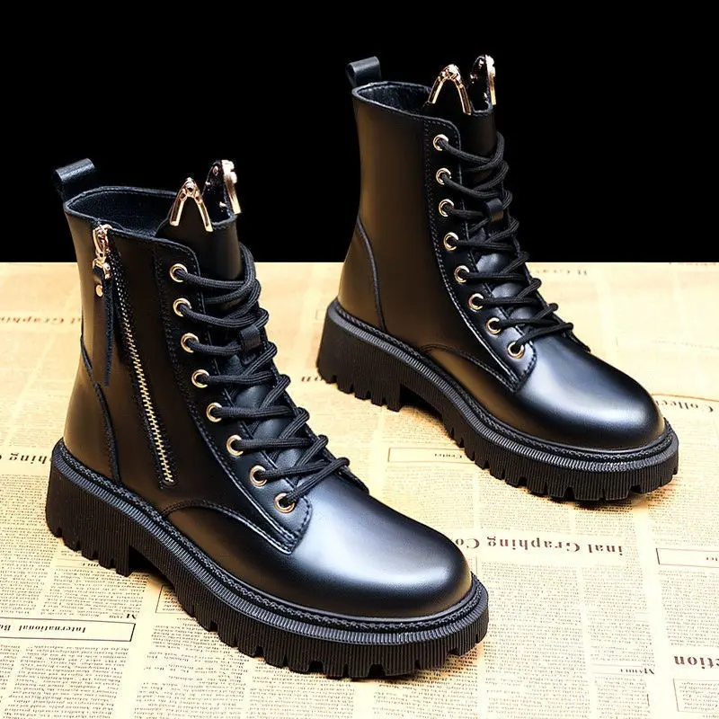 Women's Autumn Martin Boots 2021 Fashion Zipper Round Toe Cute Short Leather Woman Casual Platform Goth Shoes Motorcycle | Обувь