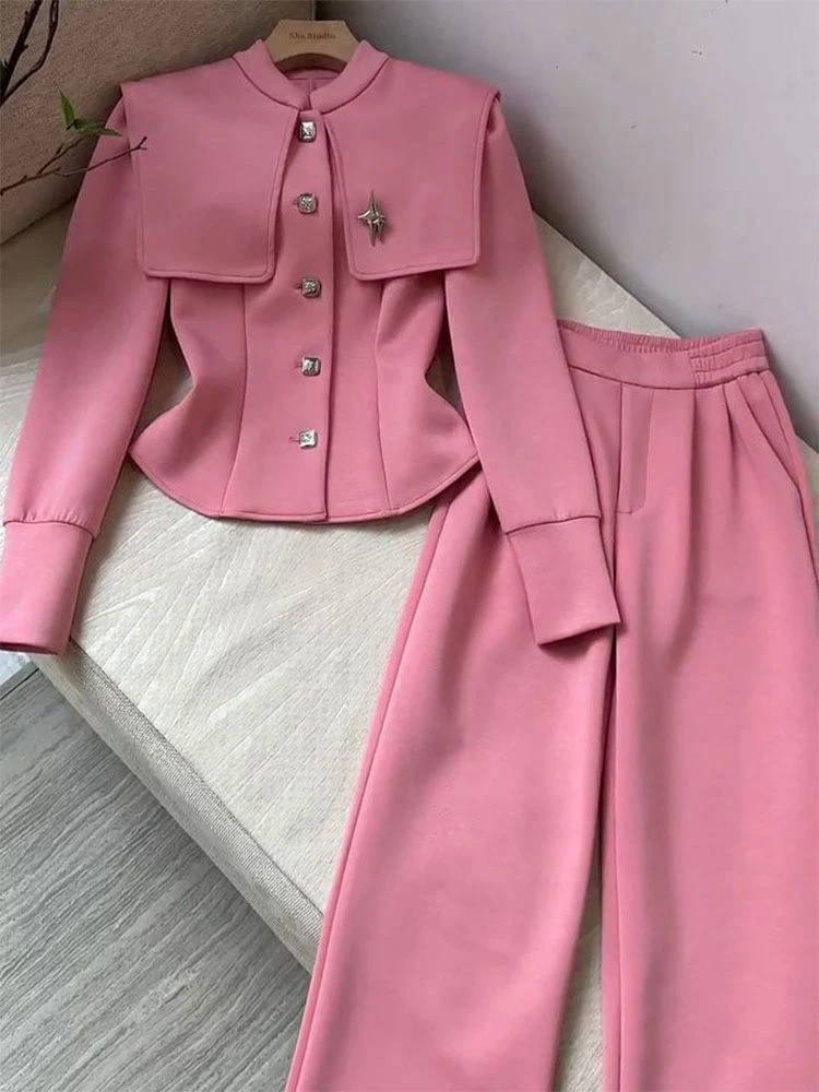 

2024 Newest Spring Solid 2Piece Set Casual Women Jacket Buttons Coat High Waist Wide Legs Pants Elegant Fashion Two Pieces Suits