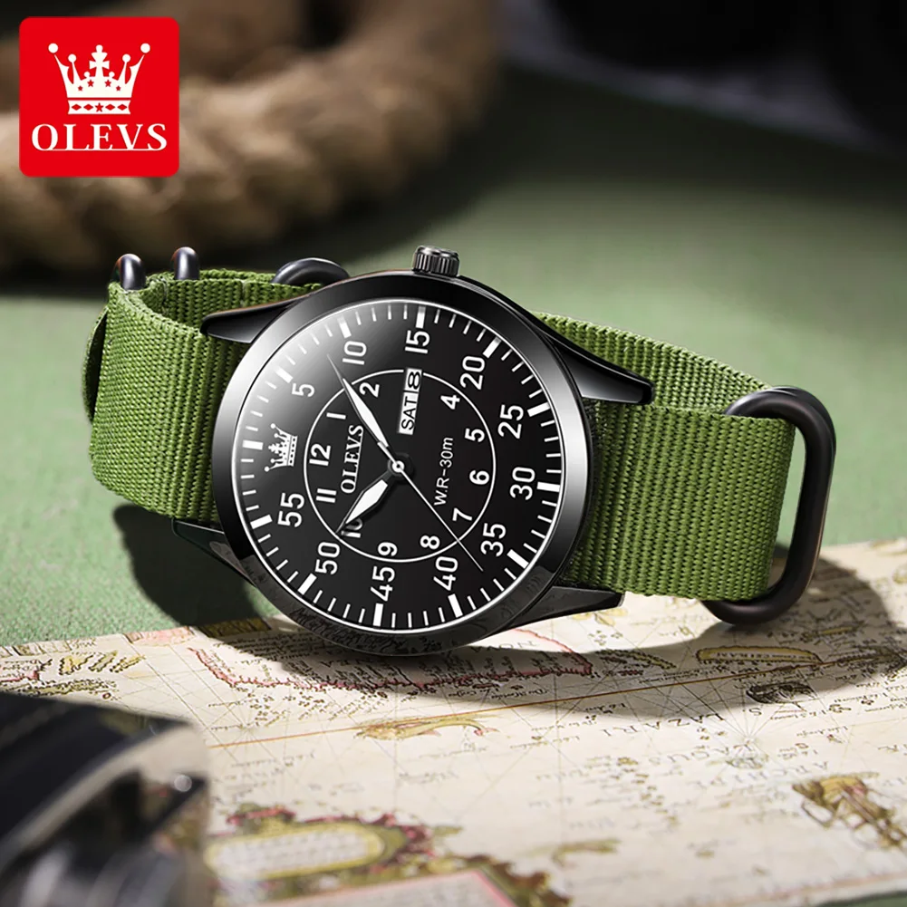 OLEVS Sports Nylon Strap Waterproof Military Watch for Men Fashion Week Calendar Mens Watches Top Brand Luxury Relogio Masculino