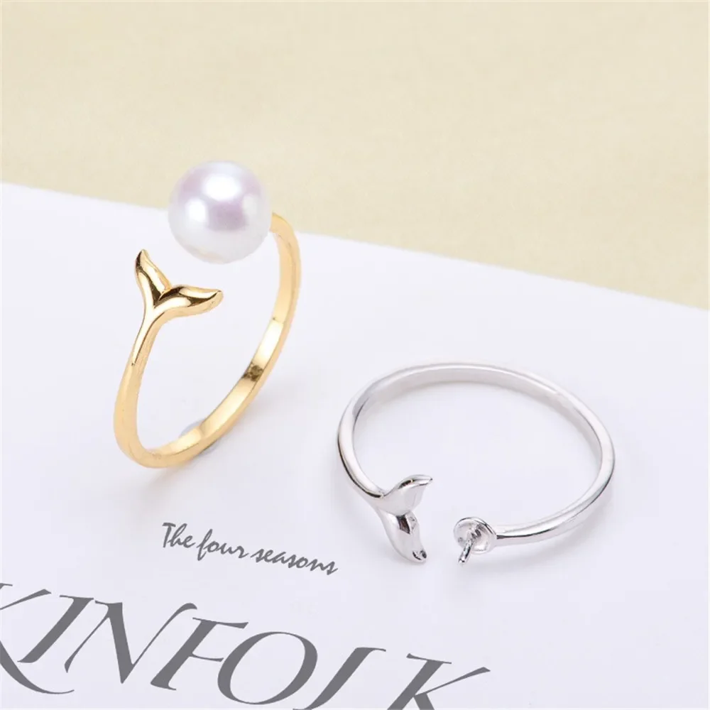 

DIY Pearl Ring Accessory S925 Sterling Silver Ring Empty Holder Fish Tail K Gold Version Ring Holder Fit 6-9mm Round Flat Beads