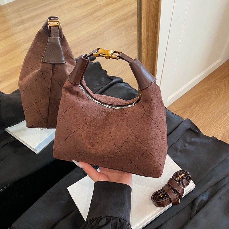 Suede Shoulder Bag Solid Color Bag Body Zipper Opening Design Versatile Fashion Commuter Handbag