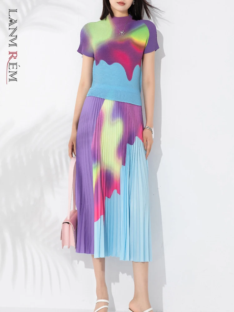 

LANMREM Pleated 2 Pieces Set For Women Round Neck Short Sleeves Fashion Printed High Waist Contrast Color Skirts 2023 2YA3052