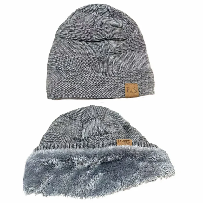New Unisex Slouchy Winter Hats Add Fur Lined Men And Women Warm Beanie Cap Casual Label Decor Winter Knitted Hats