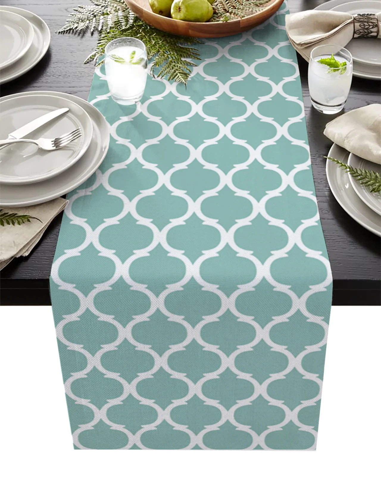 Chemin de table rectangulaire à carreaux turquoise marocain, décor de mariage, anti-tache, table à manger, décor campagnard