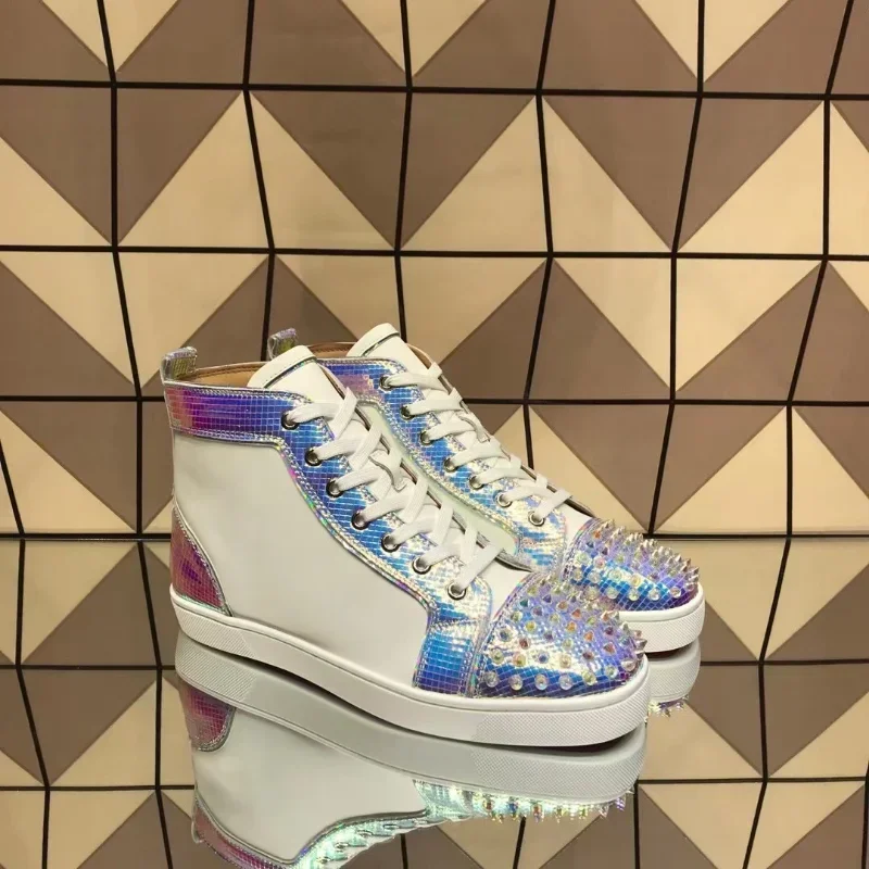 

Luxury High Top For Men Trainers Driving Spiked White Genuine Leather Blue Snake Wedding Rivets Toecap Flats Sneakers Shoes