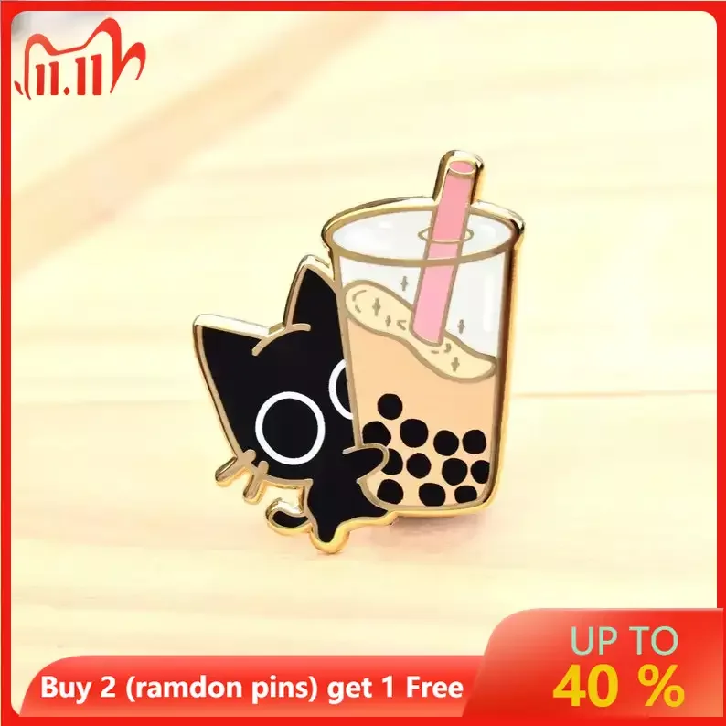 Boba Cat Enamel Pin // Black Cat, Kawaii Pin, Cute Bubble Tea