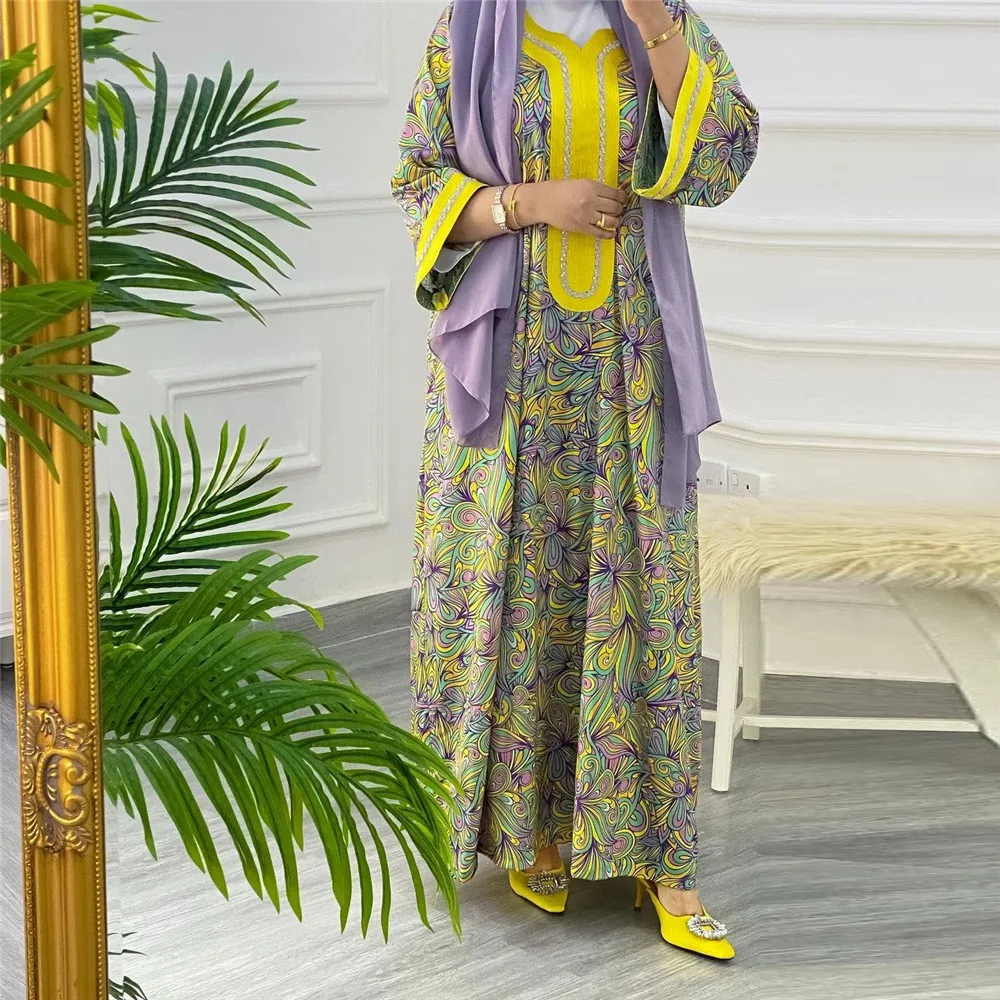 

Chic Ethnic Floral Maxi Dress for Women Tape Diamond Trim V Neck Long Sleeve Loose Arab Oman Dubai Muslim Abaya Islamic Vestidos