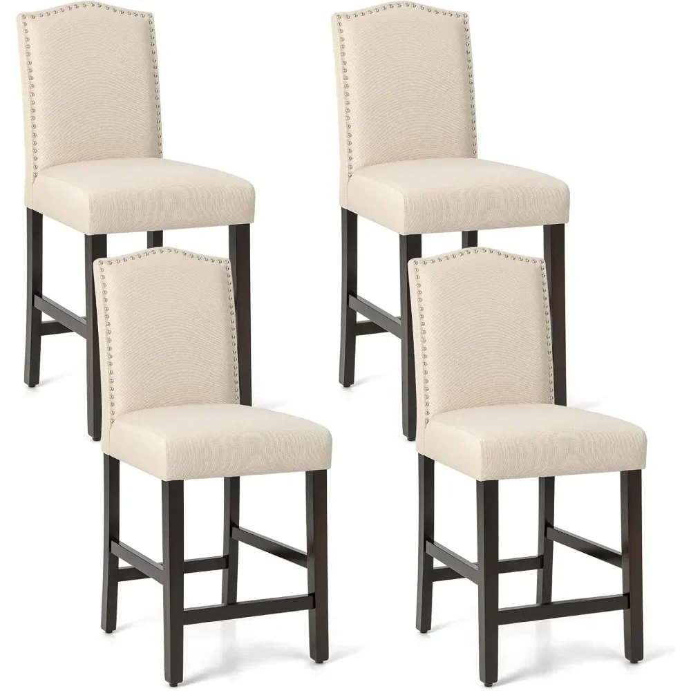 Bar Stools, Linen Upholstered Counter Height Chairs with Solid Rubber Wood Legs, 25&rdquo; Kitchen Island Wood Bar Chairs
