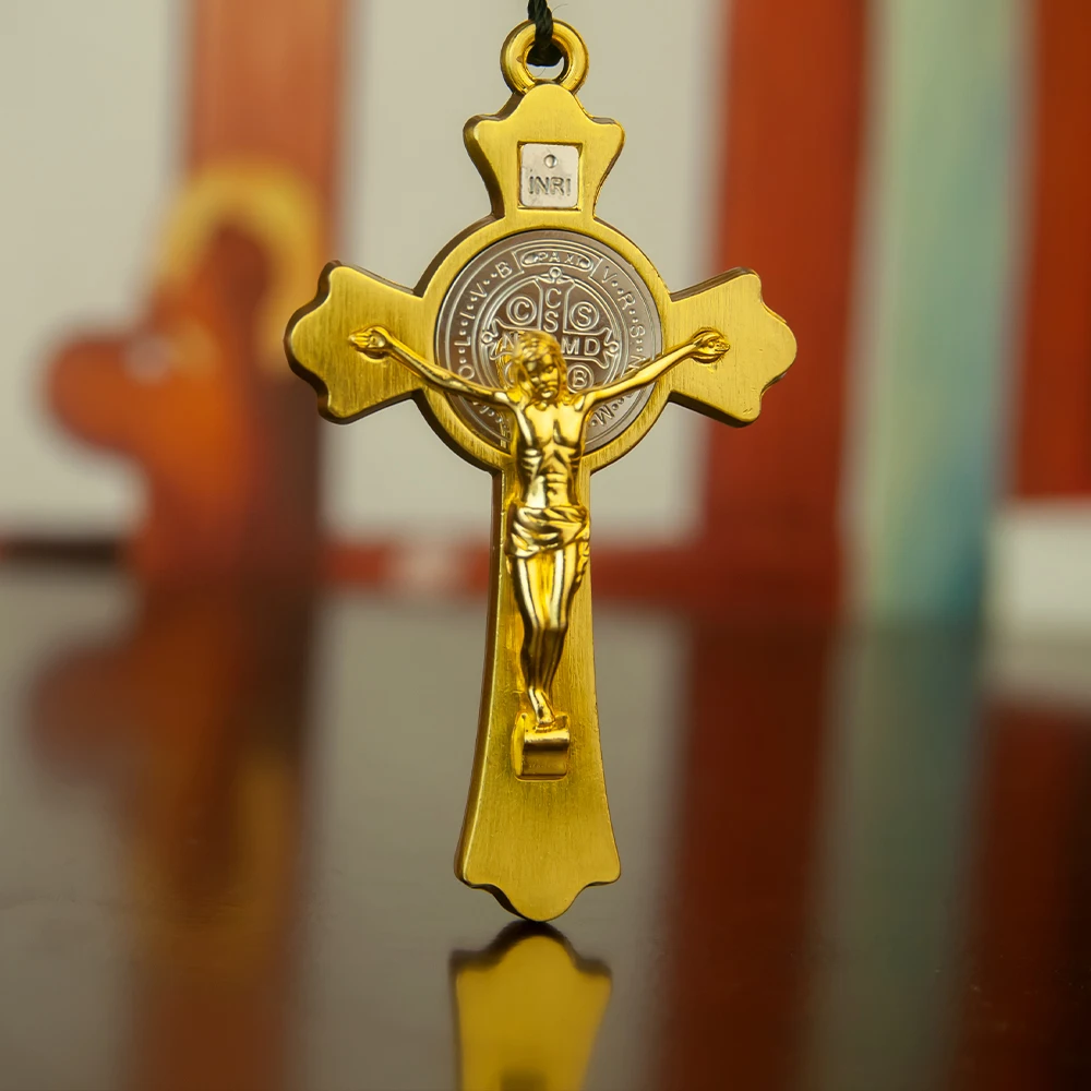 HTISOK Orthodoxe Kreuz-Halskette mit Holzperlenkette, Kruzifix, goldener Holz-Rosenkranz, Perlenkette, religiöser Jesus-Gebetsschmuck – Detail 7