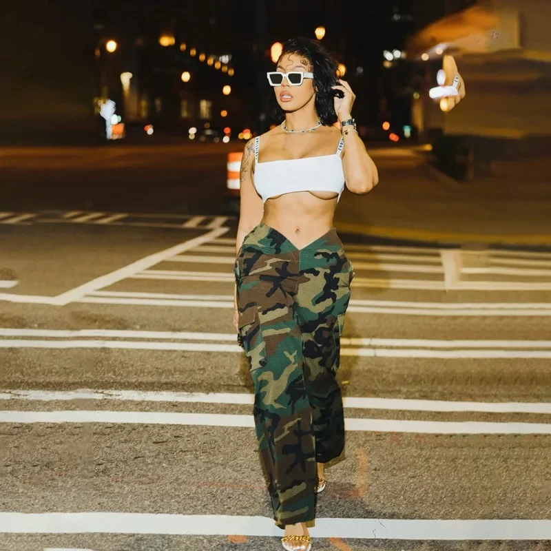Camouflage Cargo Pant Women Y2k 2023 Summer New V Cut Elastic Low Waist Multi-pocket Trousers Personalized Straight Overalls