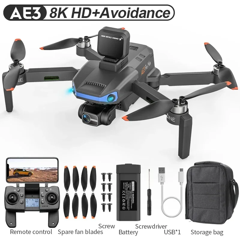 AE3 5G 드론 GPS 8K HD 듀얼 카메라, 3 축 광각 짐벌, 원 키 리턴, 흔들림 방지 레이더, 장애물 회피, 와이파이 스마트 드론
