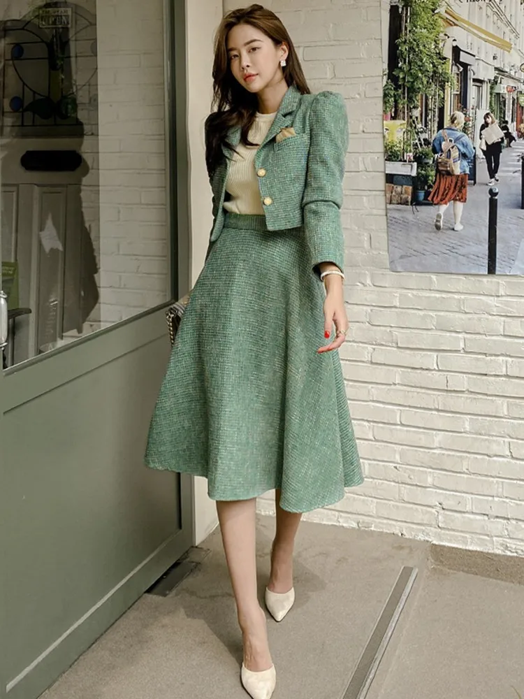 

Women Korean Plaid Tweed Two piece Set Temperament Crop Top Short Jacket + High Waist A-Line Skirt Suits