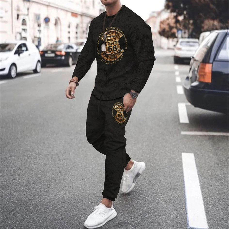 Spring Men's Long Sleeve T-shirt Sports Set 3D US Highway 66 Street Personality Fashion Set Round Neck Jogger Casual Set