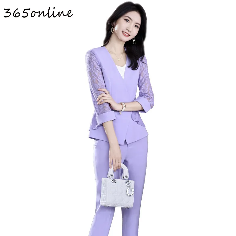 Fashion Lace Business Suits Women OL Styles Work Wear Spring Summer Ladies Office Professional Blazers Trousers Set Pantsuits