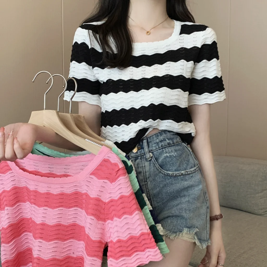 

Summer Korean style front shoulder square neck striped wave design knitted short sleeved women's top
