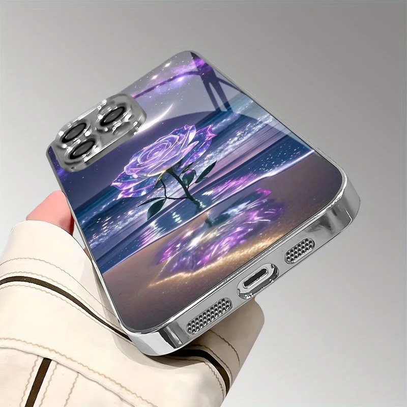 Purple Seaside Rose Pattern Tempered Glass Electroplated Silver Phone Case Cover