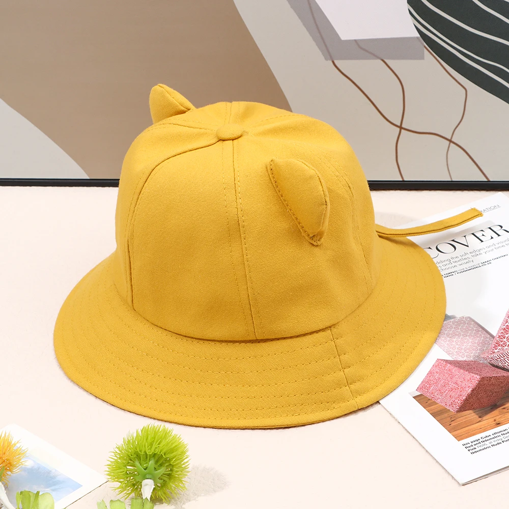 Women Cute Solid Color Cotton Bucket Hat Cute Cartoon Cat Ear Beach Hat Fisherman Sun Cap Kids Outdoor Travel