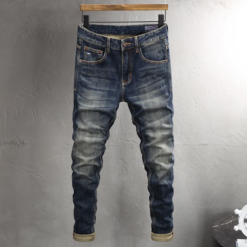 Fashion Designer Men Jeans High Quality Retro Washed Blue Elastic Stretch Slim Fit Ripped Jeans Men Vintage Casual Denim Pants european vintage fashion men jeans retro blue elastic slim fit ripped jeans men plain washed casual cotton denim designer pants