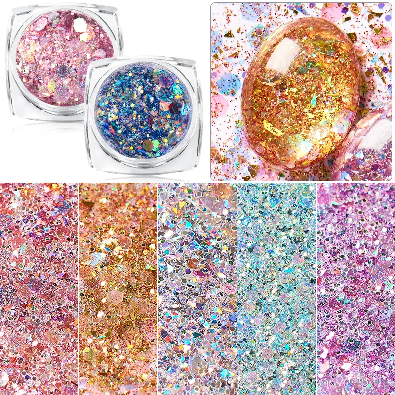 Mtssii 3D Mixed Hexagon 8 Color Nail Dust Sets Holo Glitter Sequins Flakes Manicure Decoration Nail Art Tips