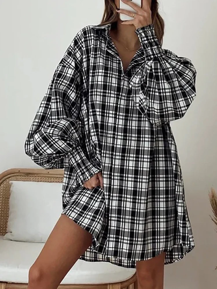 

Women Loose Plaid Printing Loungewear Mini Dress Spring Summer Long Puff Sleeve Turn-Down Collar Ladies Party Dress Streetwear