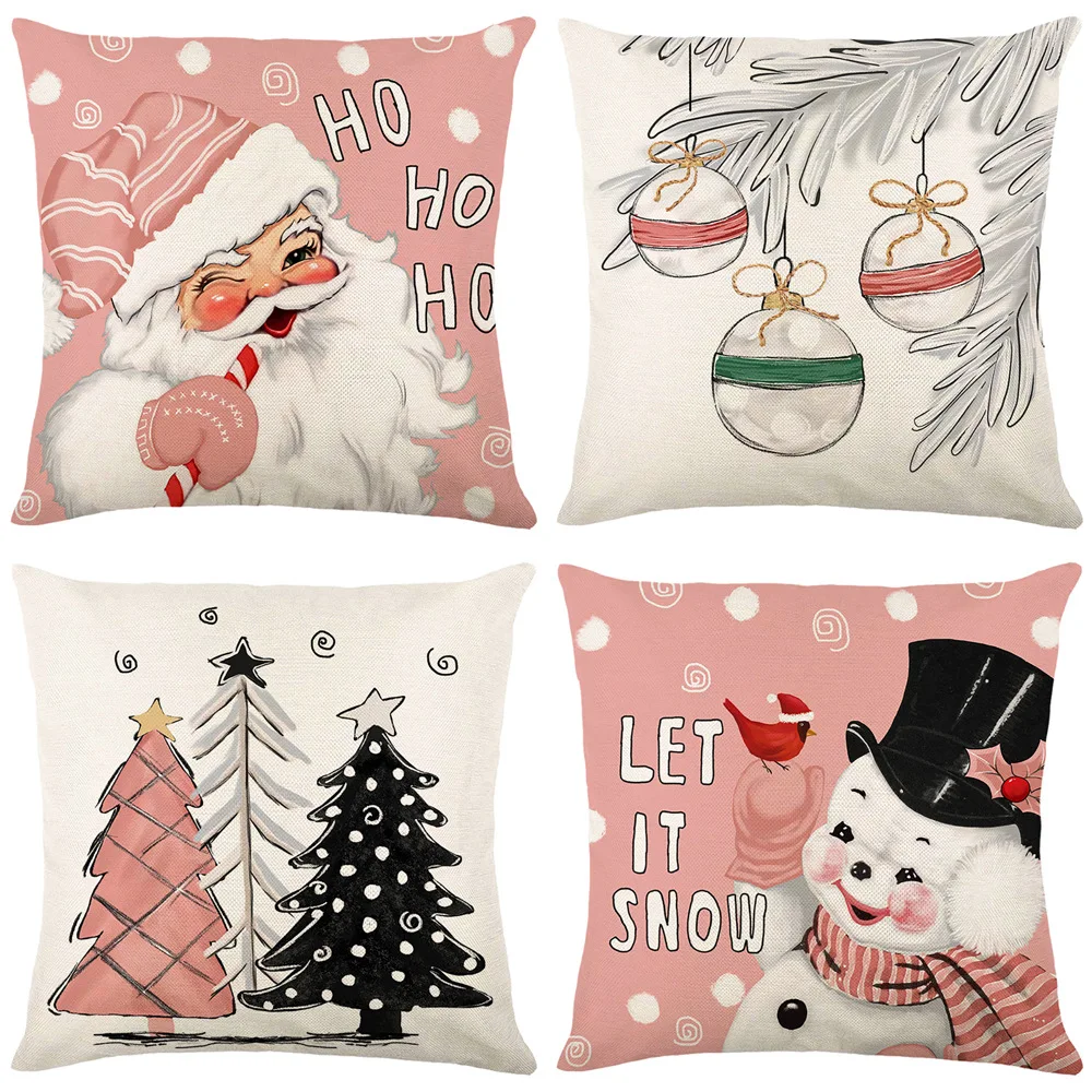 

Pink Christmas Pillowcase Cartoon Santa Claus Snowman Xmas Tree Sofa Car Cushion Cover New Year 2024 Merry Christmas Pillow Case