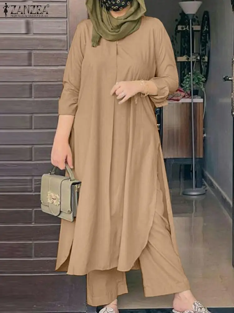 

ZANZEA Elegant Muslim Sets Casual Party Tracksuits 2PCS Long Sleeve Tops Trousers Woman Solid Color Loose Outifits Abayas Kaftan