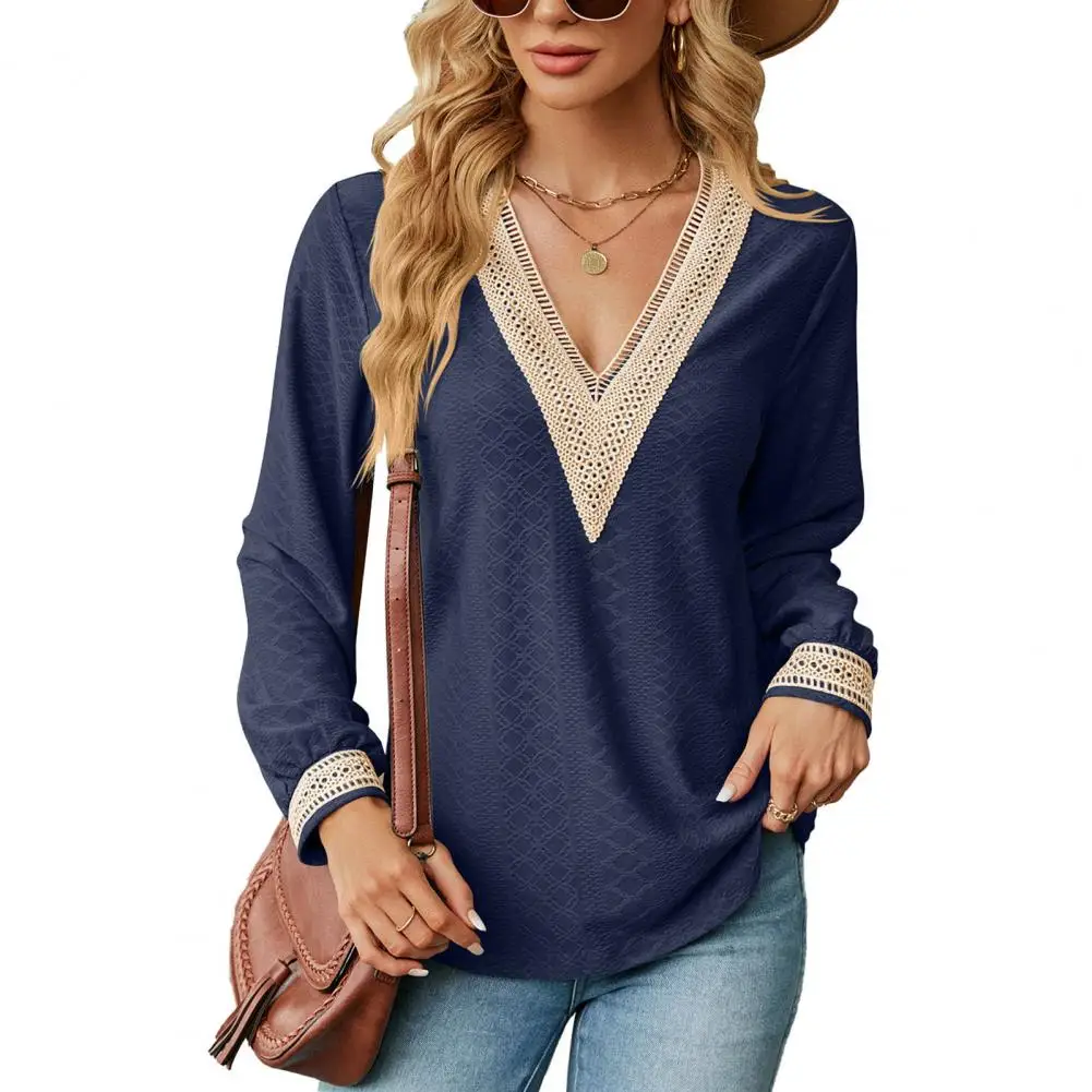 

Top V Neck Hollow Out Color Matching Patchwork Loose Pullover Long Sleeve Soft Casual Mid Length Lady Shirt Blouse