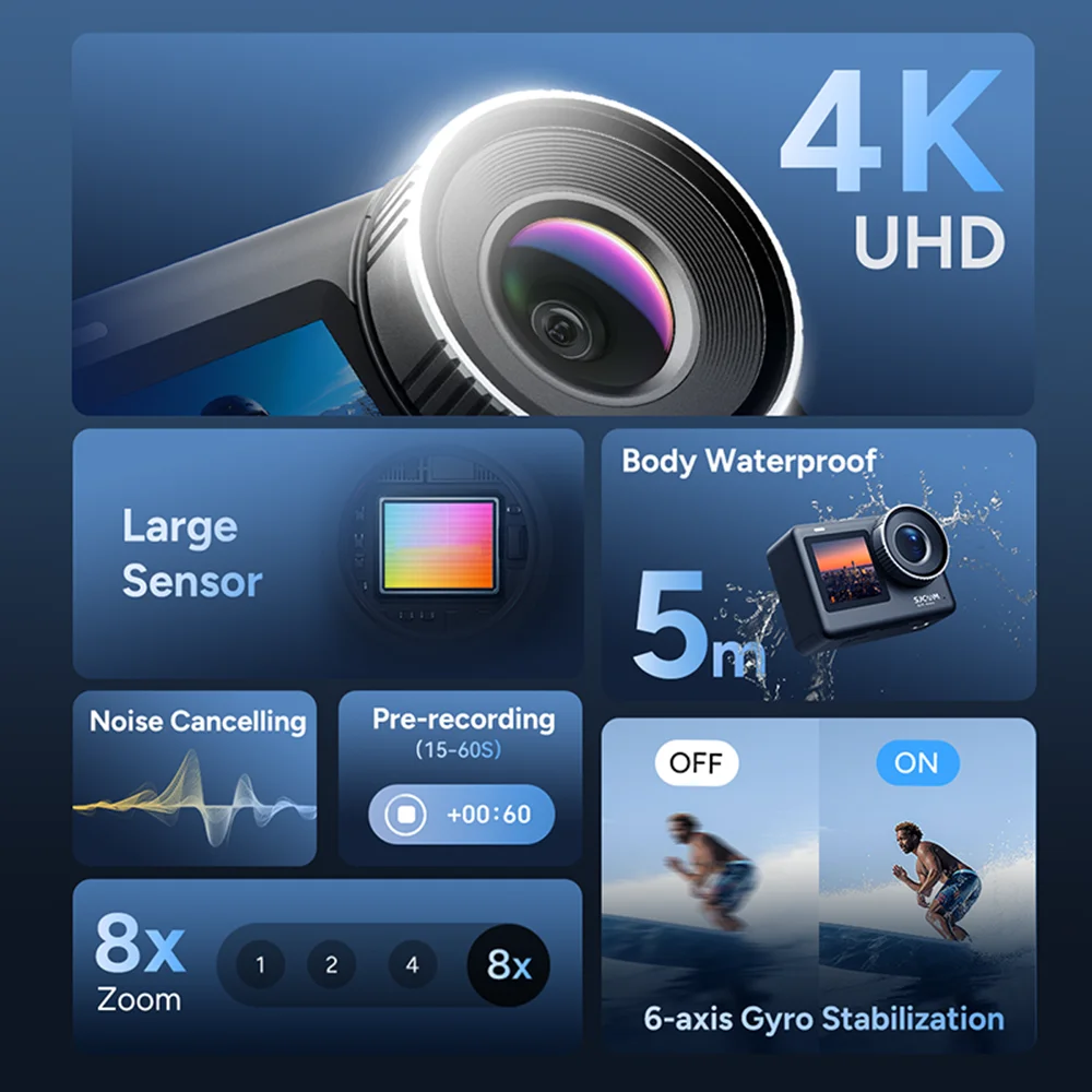 SJCAM 액션 카메라 UHD 4K Wifi 2.33인치 터치스크린 8배 줌 POV 바디캠 (오토바이 브이로그, 스키, 사이클링, 하이킹용) 블랙