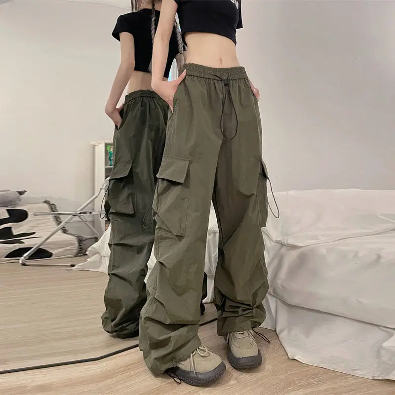 y2k harajuku straight leg wide leg pants drawstring pocket design casual baggy cargo pants hip hop street workwear emo trousers American Vintage High Street Loose Wide Leg Workwear Pants Women Ins Solid Pockets Fashion Brand Casual Versatile Dance Trousers